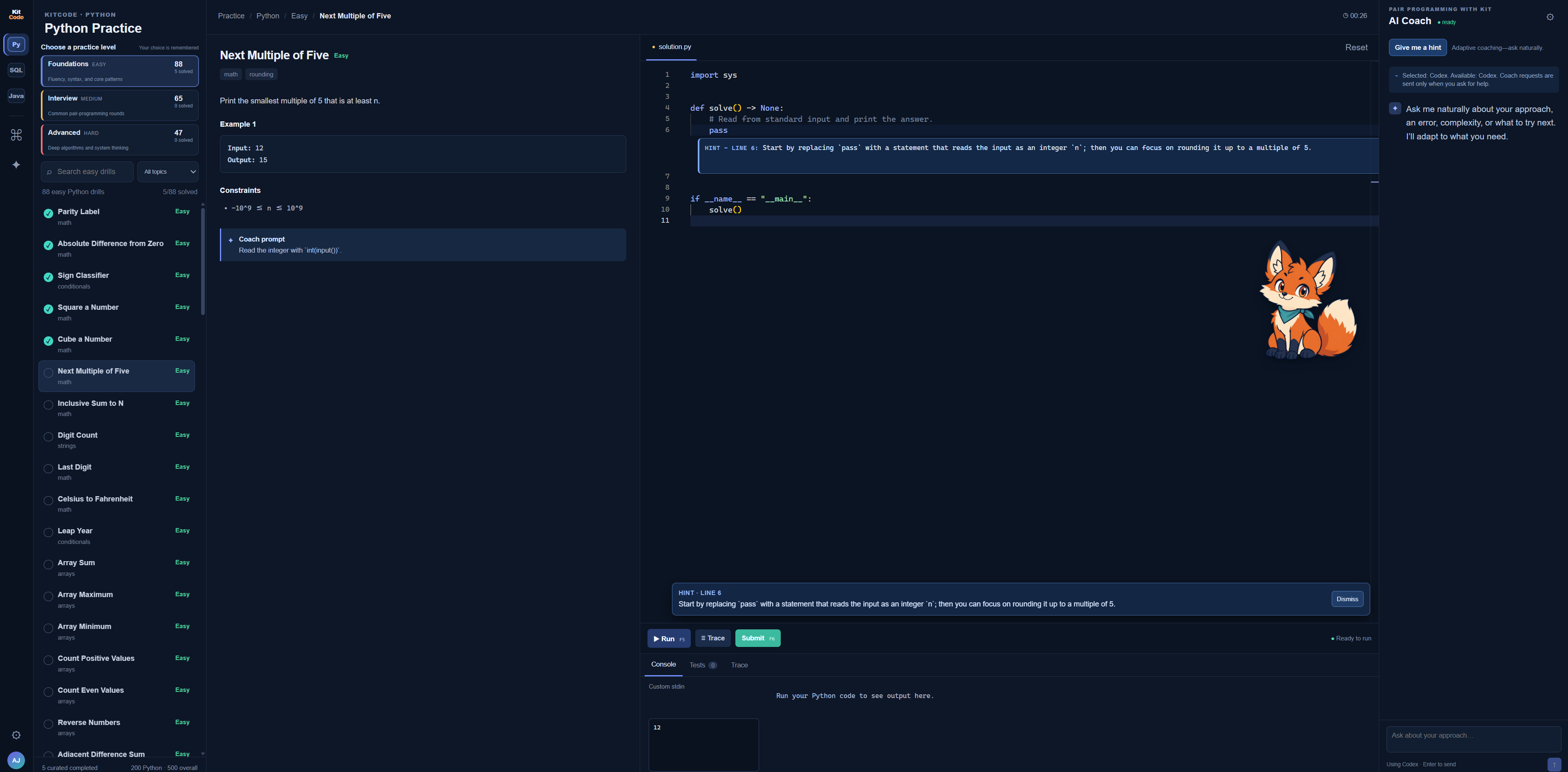 KitCode workspace showing a Python exercise, code editor, test controls, and optional AI coach